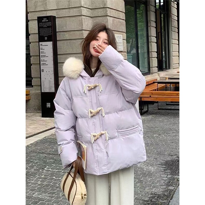 紫色牛角扣连帽羽绒棉服女2023冬季新款小个子奶呼呼加厚保暖棉衣,女装棉衣/棉服,星座1210-1
