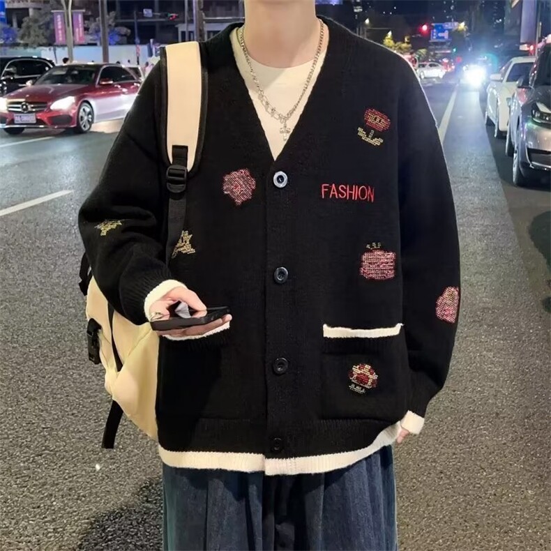 针织开衫男韩版潮流刺绣高街帅2025冬季ins宽松毛衣外套MZ234-P51,男装针织衫/毛衣,星座412