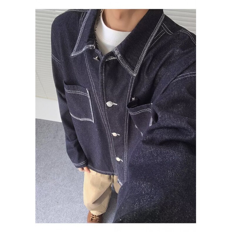 美式复古高街重工车线机能风工装口袋水洗牛仔夹克外套男，男装工装外套，四季星座505