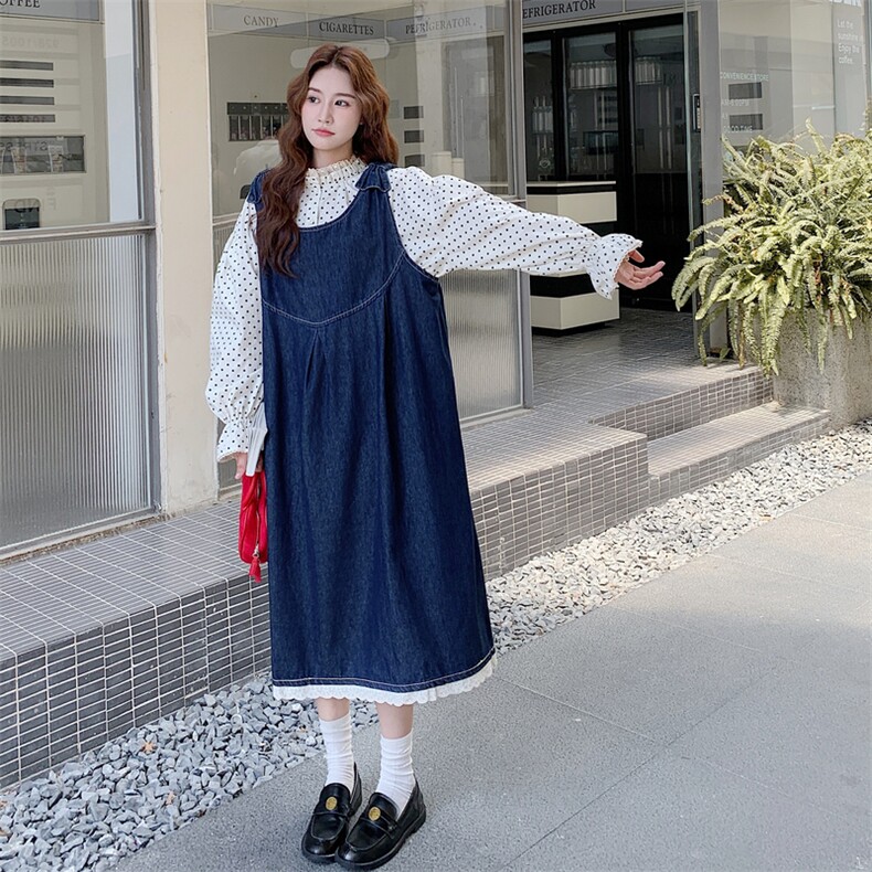 休闲减龄穿搭牛仔背带连衣裙女春秋超火好看高级小众气质长裙套装,女装套装/套裙,2C056