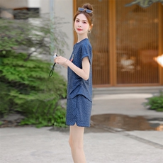 潮流时尚休闲运动套装女夏季新款纯色圆领短袖上衣阔腿短裤两件套，女装套装/套裙，江南