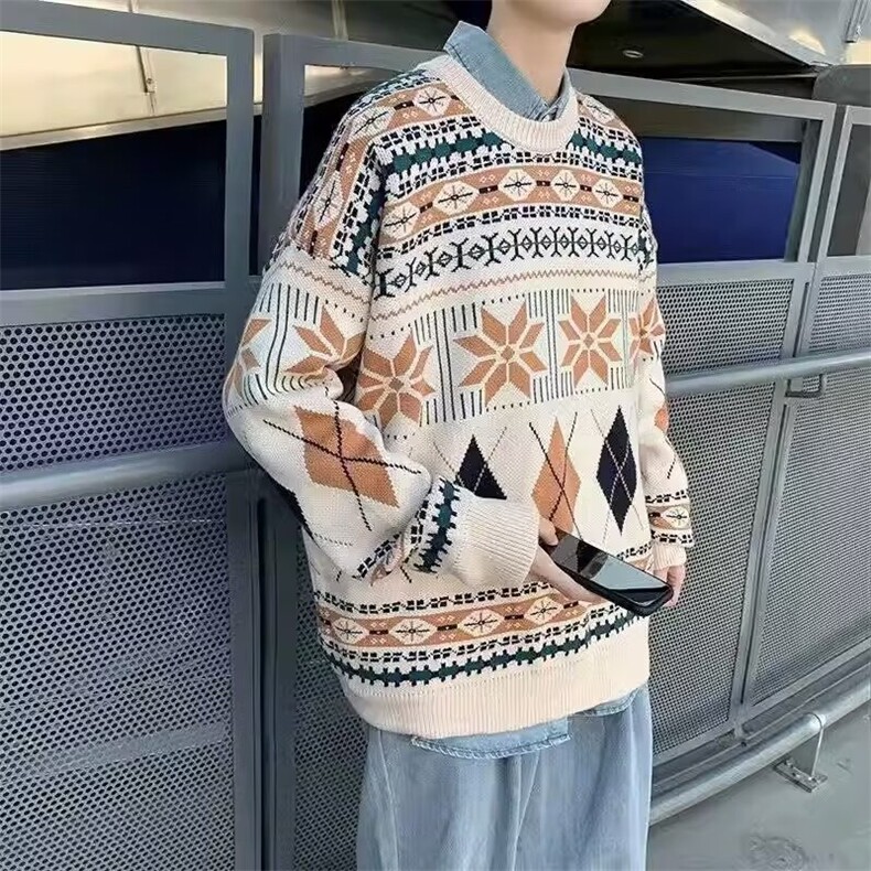 秋冬款复古套头毛衣男ins情侣韩版潮流港风个性宽松慵懒风针织图片