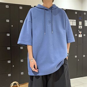 新款优品男士短袖连帽抽绳刺绣字母T恤宽松上衣ZDL3204-P49图片