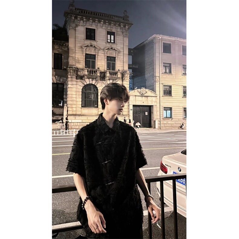 潮风新中式毛边短袖衬衫男夏季宽松小众上衣C3390,男装衬衫,星座1116A（原606A-3）