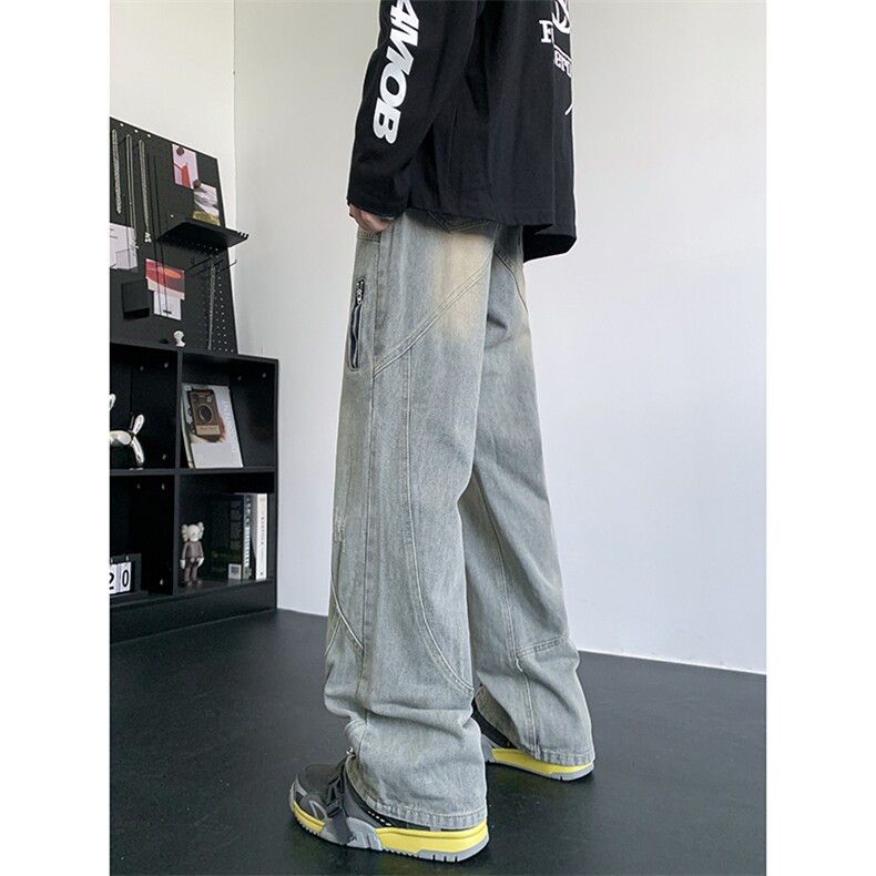 美式复古拉链开叉牛仔裤男秋冬季潮宽松欧美高街vibe裤N06360-P53,男装牛仔裤,星座308B-2