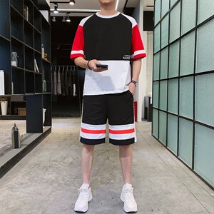夏季透气纯棉短袖T恤套装男宽松短袖短裤运动两件套F214P58 控78图片