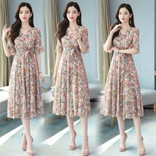 碎花雪纺连衣裙女中长款2025夏季新款韩版收腰显瘦气质小清新夏裙，女装连衣裙，星宇服饰