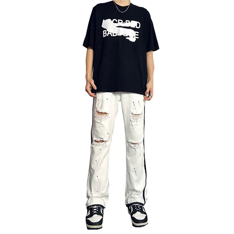 美式高街夏季破洞涂鸦iOS小众黑白牛仔裤货号K739P65,男装牛仔裤,电商A063