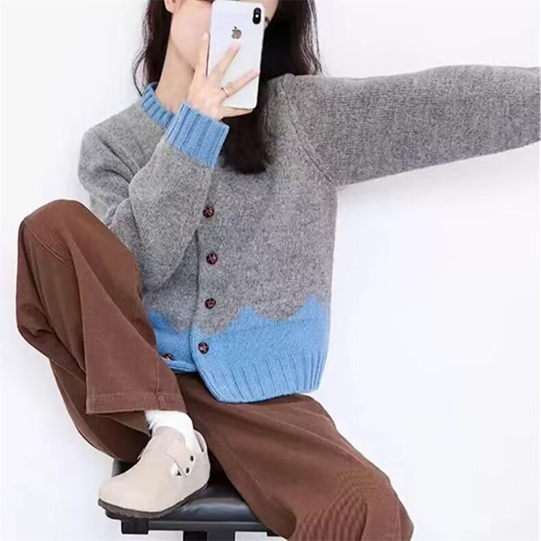 超好看内搭撞色新款毛衣针织衫女秋季胖mm显瘦遮肚子开衫外搭上衣图片