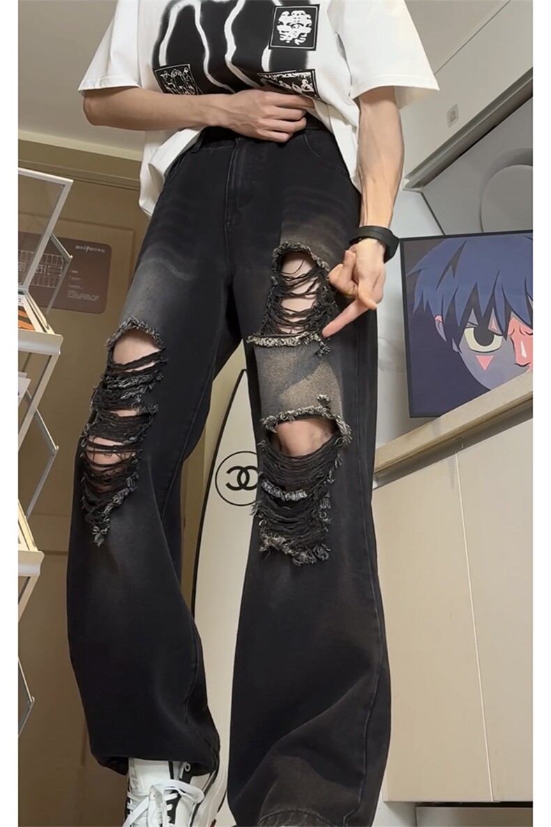 26春款高街破洞水洗oversize裤经典做旧牛仔阔腿裤K547TP45控68,男装休闲裤,电商A102B