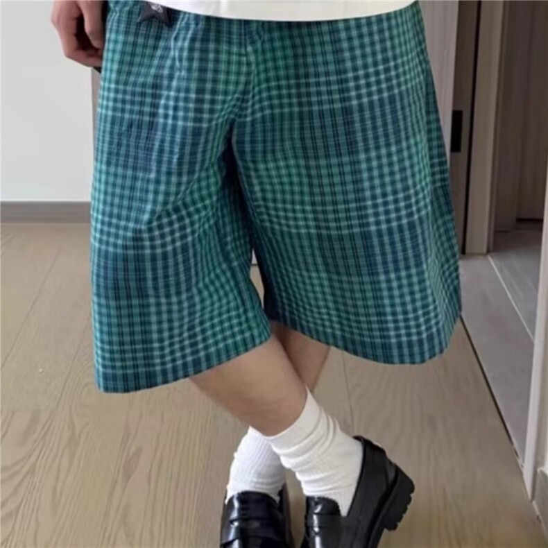 日系复古蓝格子五分短裤男宽松直筒夏季百搭休闲中裤青少年,男装牛仔裤,星座506A