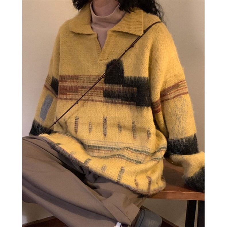 覆古撞色翻领针织衫男女秋季宽松bf慵懒风休闲套头毛衣MY9576，男装针织衫/毛衣，星座1116A（原606A-3）