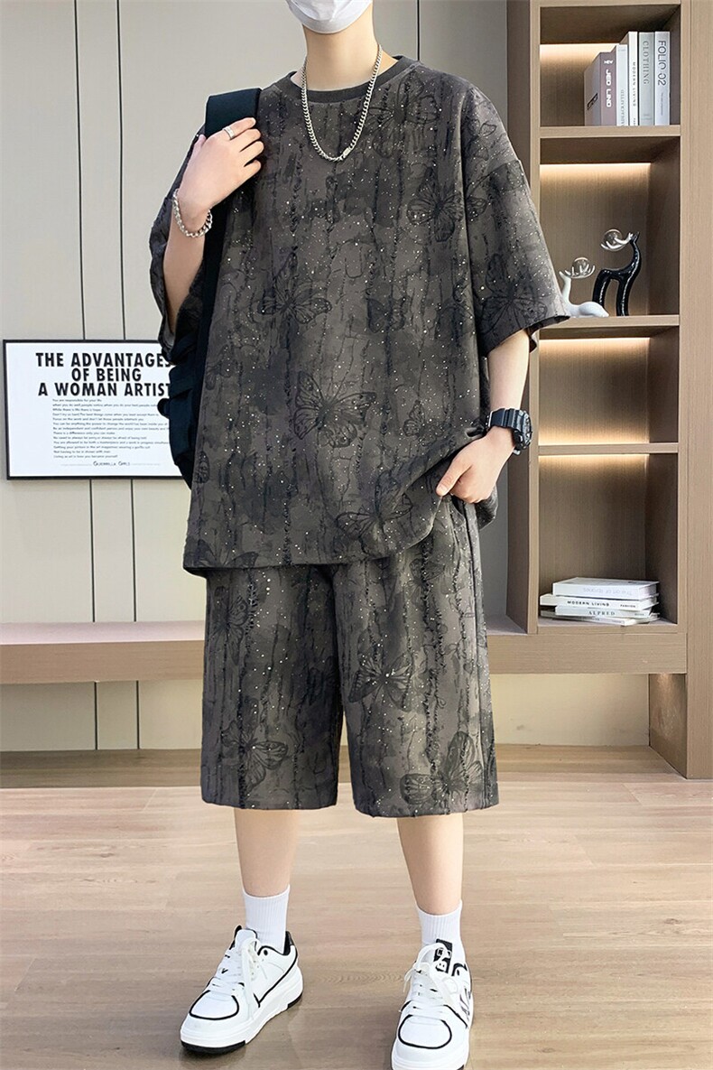 夏季港风套装男宽松扎染满天星短袖T恤短裤套装TZ6629-P55,男装休闲套装,星座310B-3