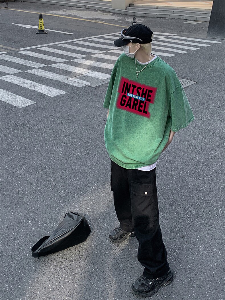 23夏季高街复古洗水印花宽松半袖T恤A90-P38橘红270克P45,男装T恤,星座805 (原301D-3)
