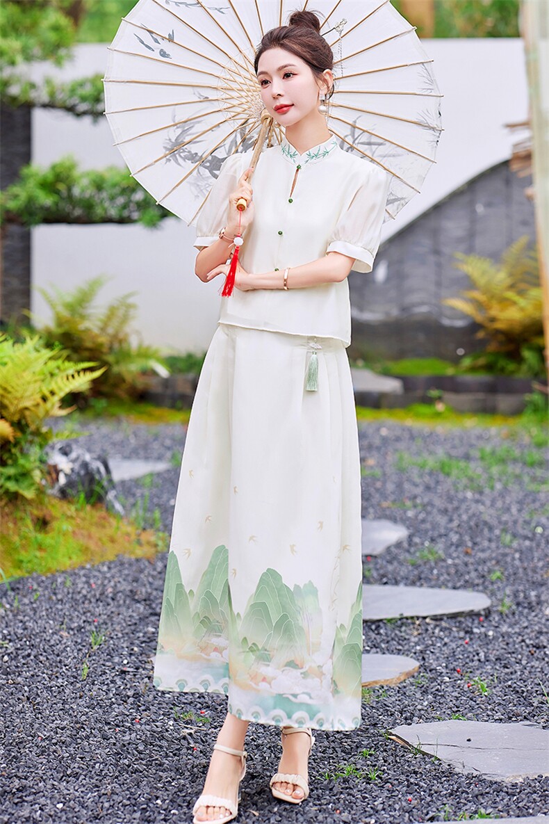 芷墨夏季新款复古新中式清冷优雅套装日常通勤显瘦上衣半身裙套装,商品下架区,芷墨服饰