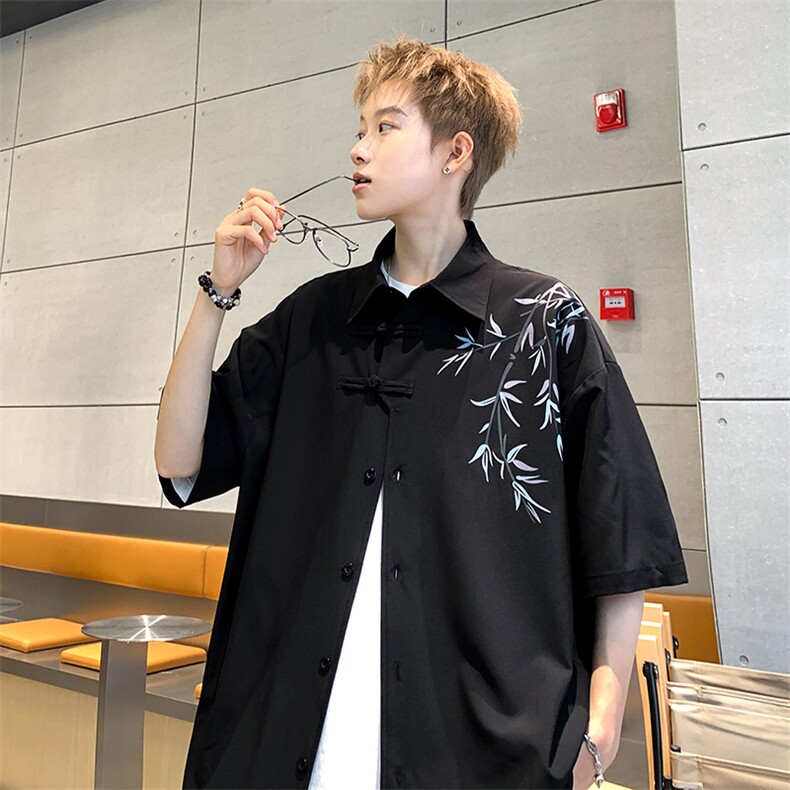 新中式冰丝港风休闲衬衫印花短袖XZ-907特P28无差价,男装衬衫,星座907