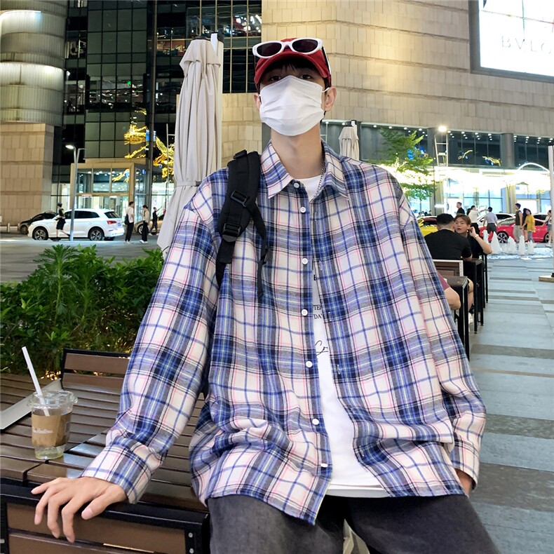 港风夜景小方格长袖翻领衬衫A247-S80P38控55,男装衬衫,电商A247