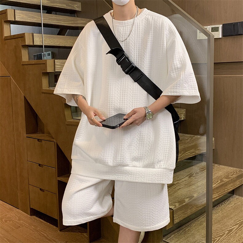 TZ94347/P60夏季宽松T恤短裤提花套装男大码港风两件套也可单卖图片
