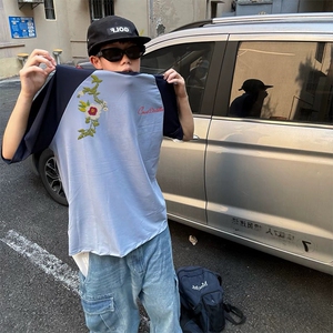 抖音得物高品质二开240克宽松纯棉美式潮牌插肩袖拼接短袖T恤图片