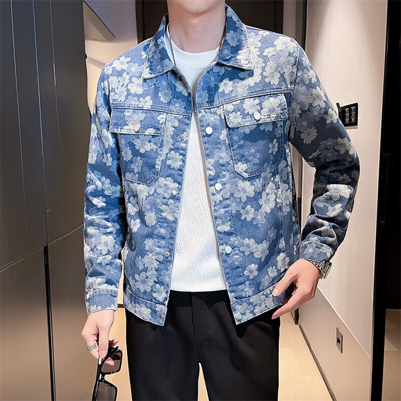 2025春季新款水洗男士牛仔夹克痞帅小伙个性提花印花图案外套,男装夹克,电商A225