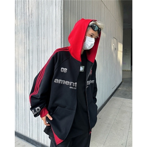 撞色拉链连帽卫衣男女美式潮宽松运动开衫情侣外套 WY746图片