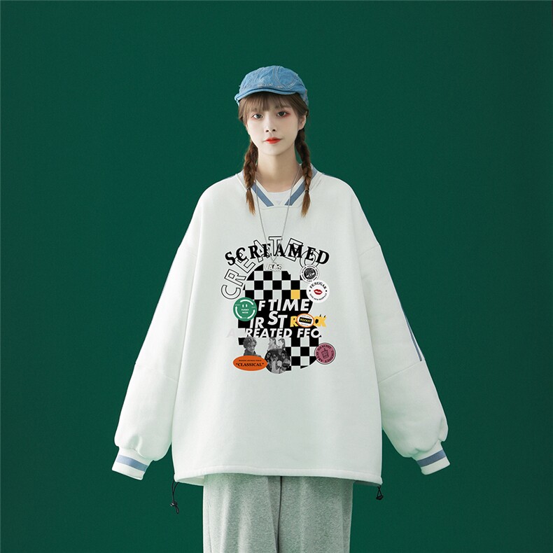 中性风2023秋季新款港风潮牌棋盘格印花宽松百搭卫衣B06p55控68,男装卫衣,A247A