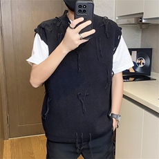 M715-特P48破洞流苏针织衫男士潮牌V领无袖毛衣马甲帅气休闲线衣，男装针织衫/毛衣，电商D310B-1