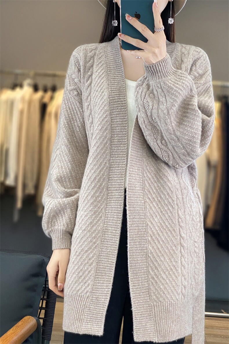 高端羊绒开衫女V领加厚宽松腰带中长款羊毛针织衫慵懒风外套毛衣,女装羊毛衫,隆格羊绒