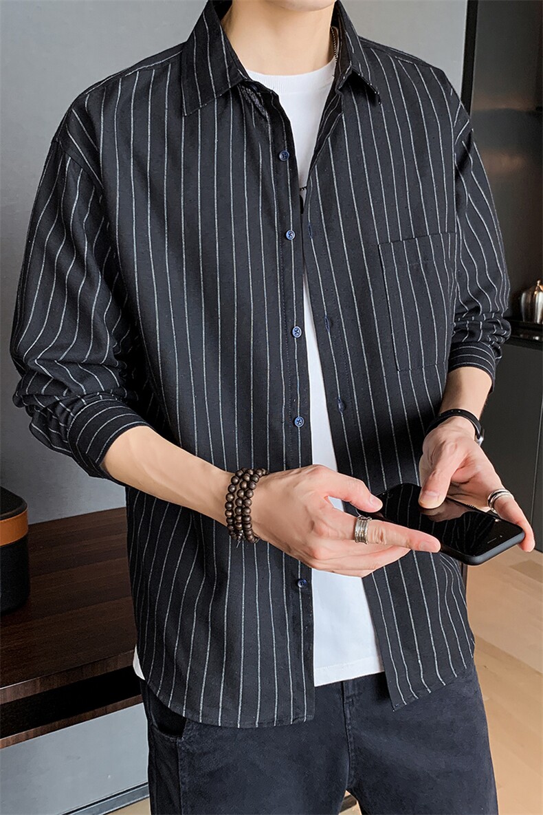 条纹衬衣男2021新款长袖休闲宽松男士衬衫外套DF07T,男装衬衫,电商A102