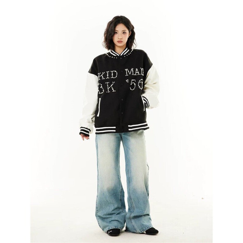 W9544-P78网图现货美式复古棒球服外套珍珠宽松百搭潮牌夹克,男装夹克,星座1608-2