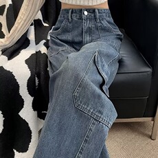 美式高街复古设计感工装牛仔裤女新款高腰显瘦潮牌开叉拉链直筒裤，男装牛仔裤，星座1210-1
