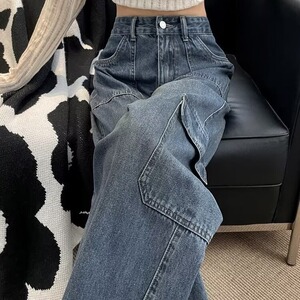 美式高街复古设计感工装牛仔裤女新款高腰显瘦潮牌开叉拉链直筒裤图片