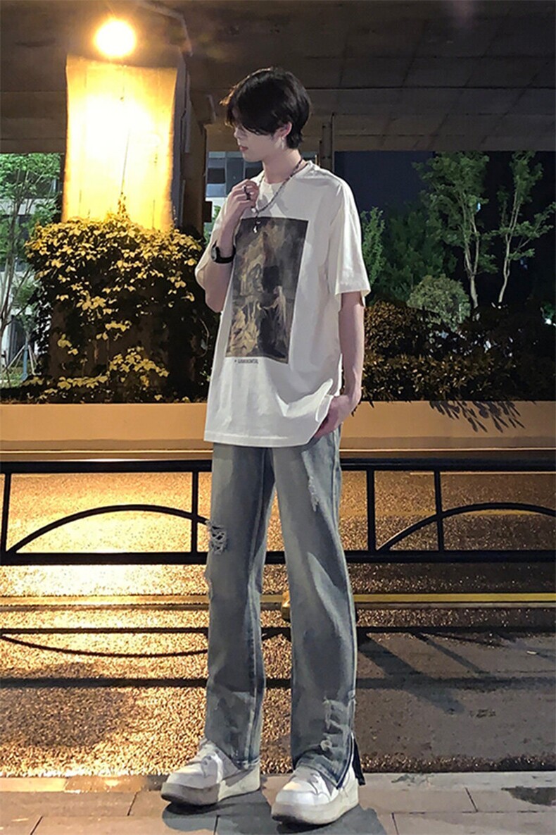 欧美hiphop街头破洞牛仔裤直筒微喇叭修身vibe美式乞丐裤潮牌,男装牛仔裤,星座310A-4