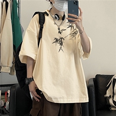 抖音品质直播得物风新中式竹叶印花短袖T恤dcm298-特批20控38，男装T恤，星座605(原A050)