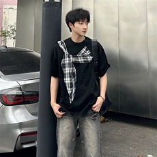 拼接格子布装饰高品质260克双纱纯棉美式高街短袖T恤特P35，男装T恤，电商A486