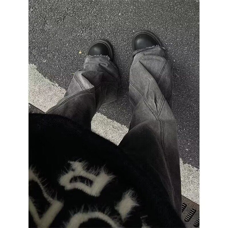 微喇叭毛边拖地牛仔裤男女同款黑灰渐变美式复古高街水洗阔腿长裤图片