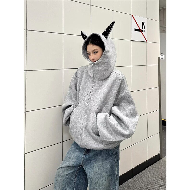小众铆钉拼接杜宾犬连帽开衫卫衣男女,男装卫衣,星座410-7