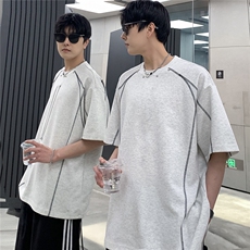 2025明线设弧形线条短袖T恤宽松铆钉金属装饰男女同款T802-P38，男装T恤，电商C307A