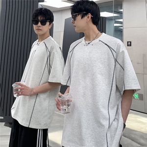 2025 明线设弧形线条短袖T恤宽松铆钉金属装饰男女同款T802-P38图片
