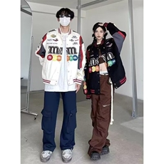 春秋美式复古高街刺绣mm豆棒球服外套男女宽松嘻哈潮牌机车服夹克，男装夹克，星座1210-1