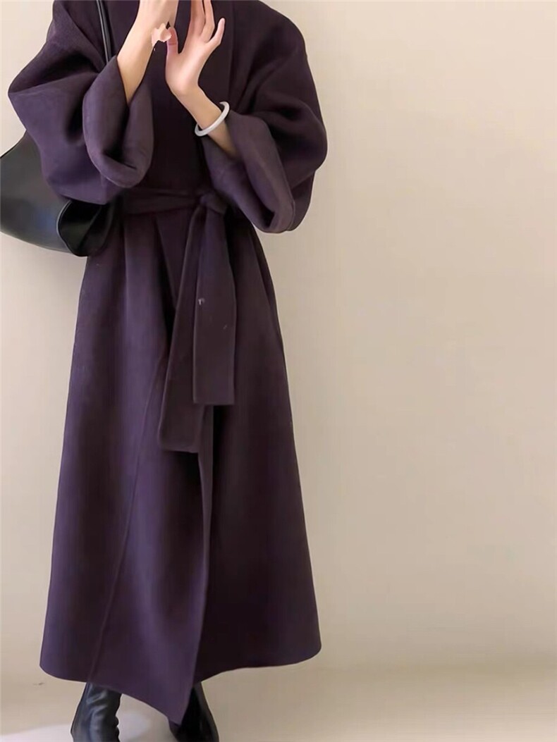 港风复古冬新款v领赫本风气质韵味系带长款羊毛外套(配,女装双面呢大衣,依嘟服饰
