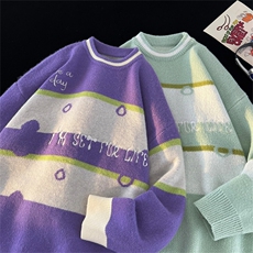 M8161/P65冬季美式时尚撞色条纹圆领?袖毛衣宽松休闲男女bf，男装针织衫/毛衣，电商A141