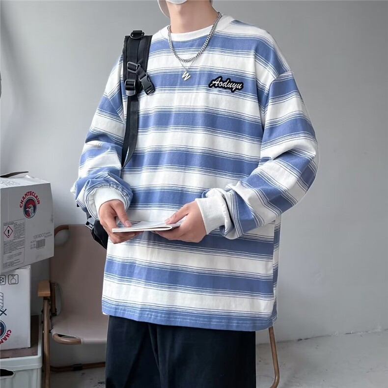 做旧长袖海魂衫男女生春秋情侣圆领打底衫条纹工装卫衣潮YY01/P28,男装T恤,星座506
