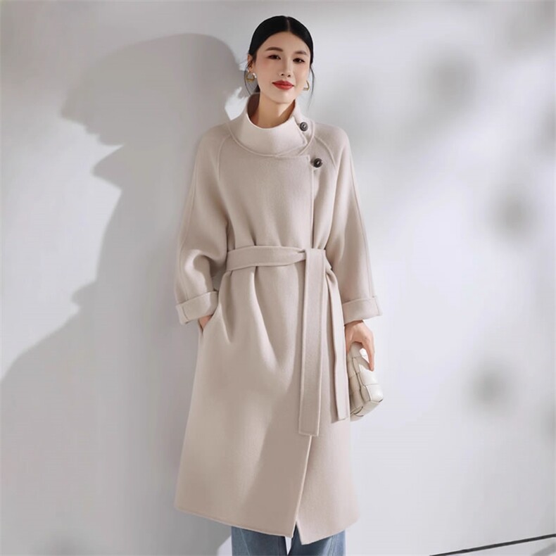 秋冬新款双面羊毛大衣时尚百搭立领，女装双面呢大衣，阿吉丽克