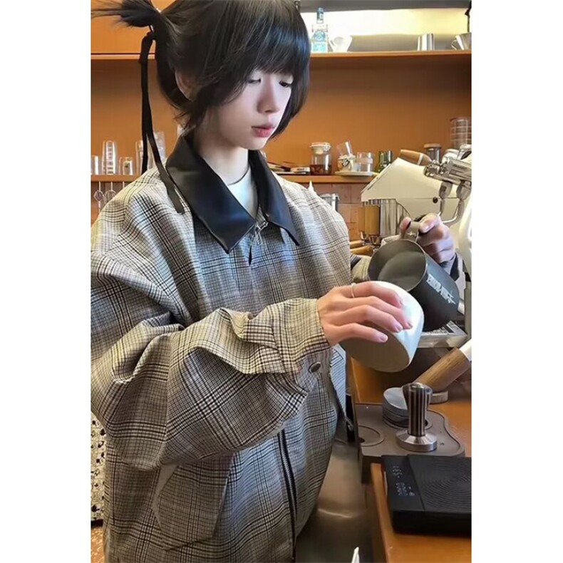 【001】千鸟格拼接外套皮领休闲男女夹克 A079-A208-P75图片