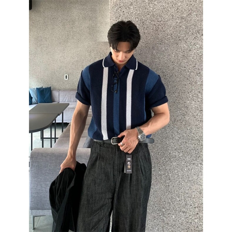 美式复古镂空针织polo衫男撞色条纹宽松短袖卫衣丝光棉冰丝保罗衫,男装T恤,四季星座505