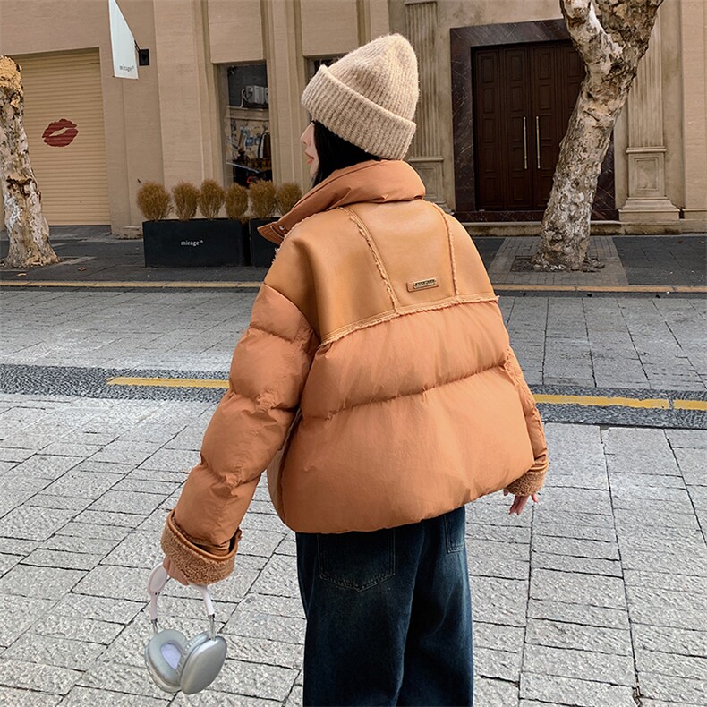 长袖立领直筒型常规拉链2026年冬季白鸭绒插肩袖PU拼接羽绒服,女装羽绒服,微微衣阁