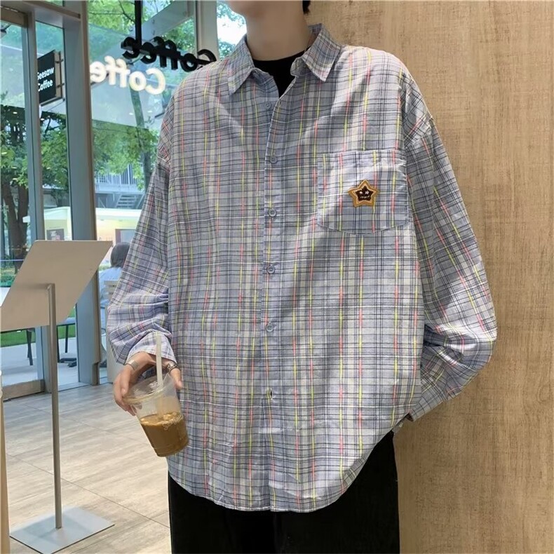 粉色格子衬衫男2024春秋季高级设计感长袖衬衣日系阳光情侣装外套,男装衬衫,星座601-2