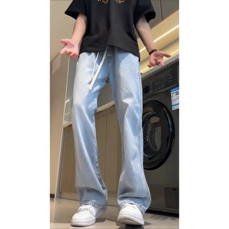 美式高街微喇叭牛仔裤宽松复古水洗百搭松紧腰橡筋裤KJ22501 P50图片