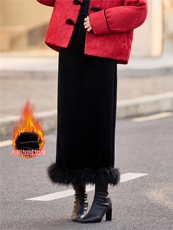 2026年冬季新款H型高腰高档金丝绒加厚半身裙鸵鸟毛下摆百搭女士，女装半身裙，韩宇舍